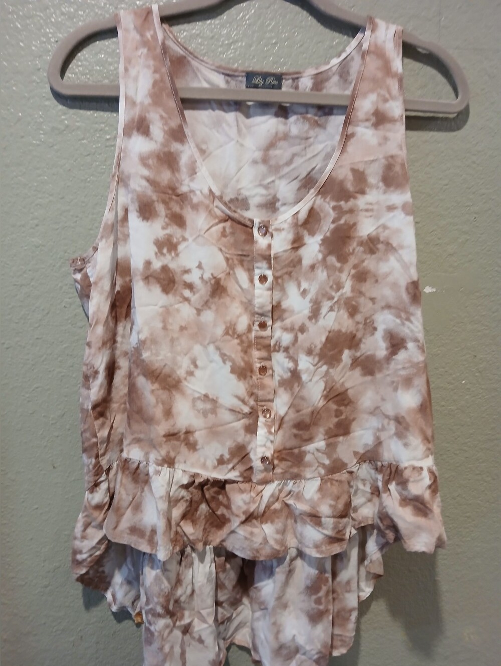Lily Rose Pink and Brown Tie-Dye Ruffle Button-Front Tank. XL